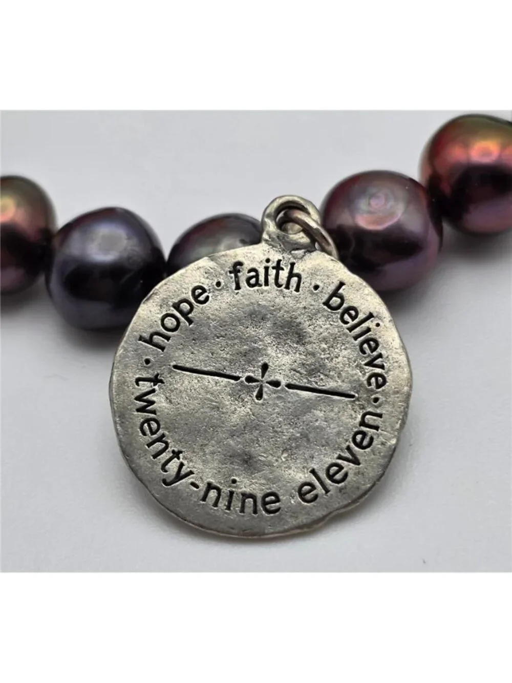 Natural Peacock Freshwater Pearl Jeremiah 29:11 Coin Charm Stretch Bracelet 7 in